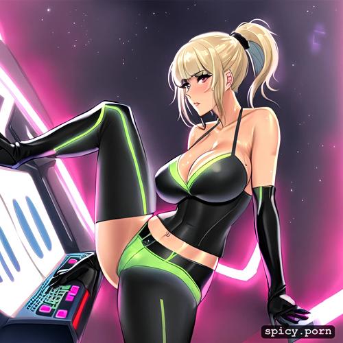 tanned skin, pony tail, tall, flowing hair, teasing, computer console