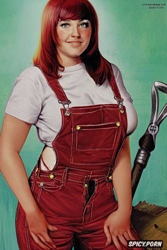 a short cute woman with chubby cheeks, overalls, in a photorealistic art style