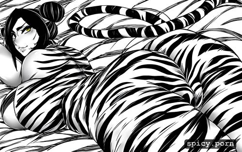 tiger lady, 40 yo, black hair, intricate, gigantic breasts, striped tail