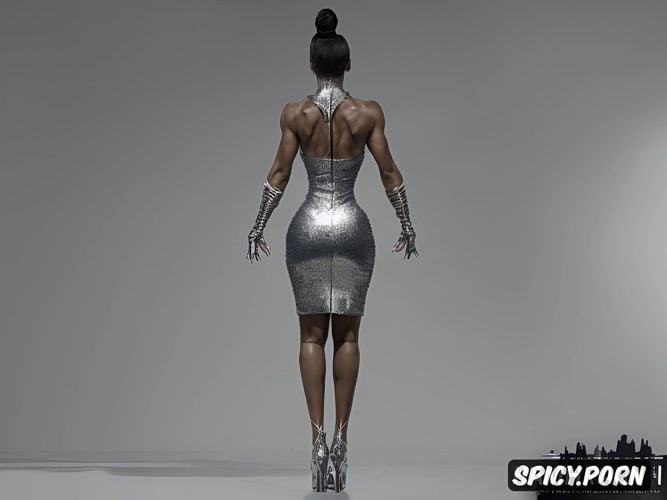 thick ankles, silver shoe heel, from behind, muscular, sharp focus