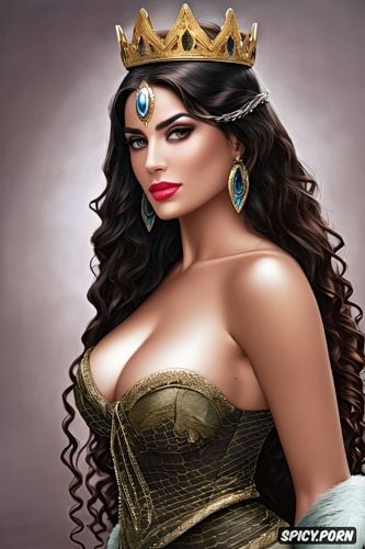 diadem, olive skin, arianne martell, high cheekbones, long soft dark black hair in curly ringlets