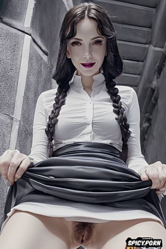 minimalistic, looking into camera, upskirt, detailed hair, braids no panties gentle smile no panties good pussy view trimmed pussy innie pussy puffy pussy gentle smile wednesday addams