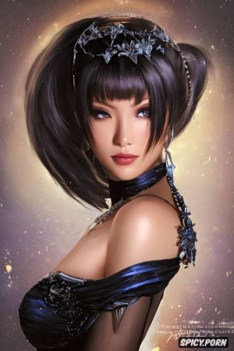 high cheek bones, masterpiece, kasumi goto mass effect beautiful face low cut strapless black evening gown