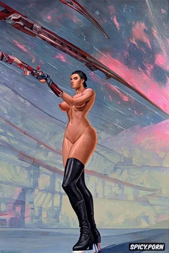 space age, wide hips, pink nipples, female officer, large feet