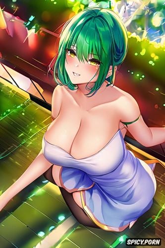 cute anime woman getting fucked, green hair creampie