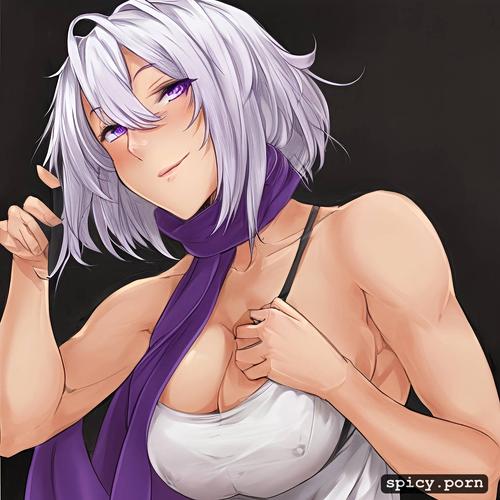 winking, 3dt, purple eyes, white hair, style pencil, see through tanktop with underboob