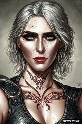 ultra realistic, high resolution, k shot on canon dslr, ciri the witcher beautiful face young tight outfit tattoos masterpiece