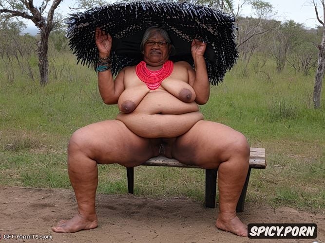 old obese native village idiot, legs wide spread, sitting on a bench