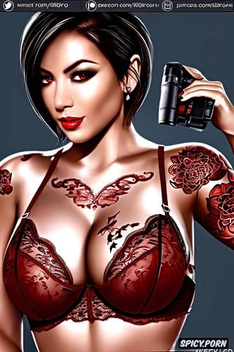 high resolution, ada wong resident evil beautiful face young sexy low cut red lace lingerie