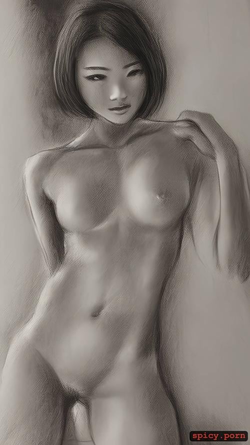charcoal sketch, 18yo, athletic body, smudged, small tits, intricate hair