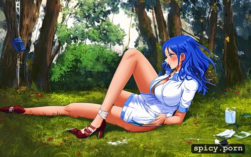school uniform, tongue showing, laying down under a tree, white color skin