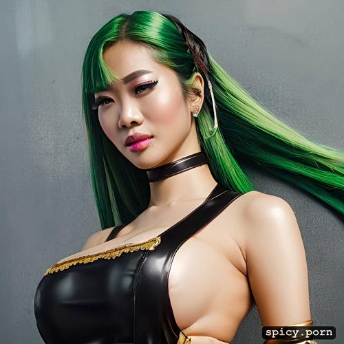 makeup, 19 yo, oiled body, thai woman, green hair, dancing in a club