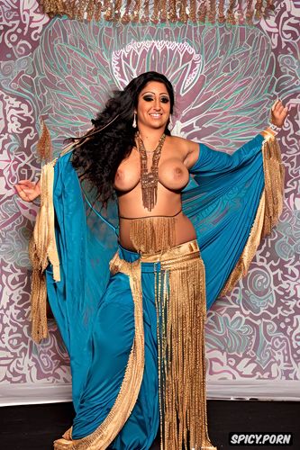 flawless laughing face, beautiful belly dance costume, color photo