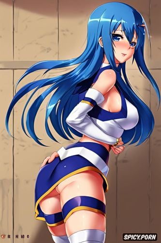 anime female, bimbo, white fishnet thigh highs, smile, raised mini skirt