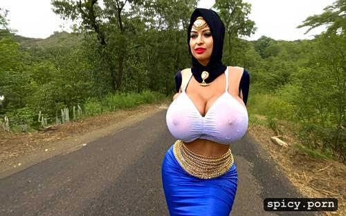 huge natural boobs, wearing gold, thick body, wearing black hijab