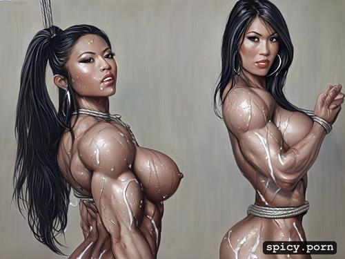 perky tits, beautiful face, naked, huge muscles, big veiny biceps