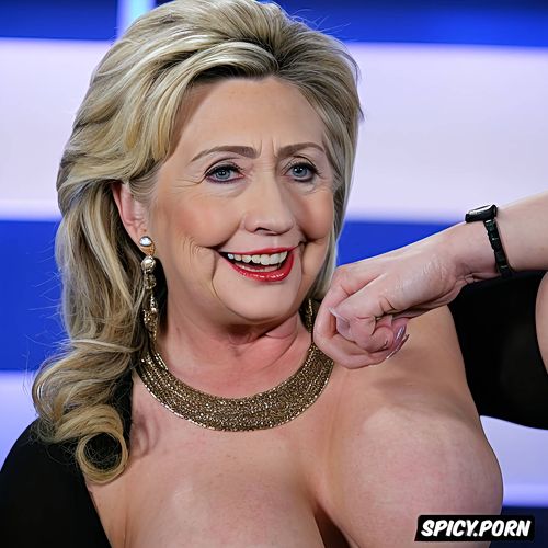 realistic k photograph, highly detailed, politician hillaryclinton gives a boobjob to a veiny black dick on debate stage