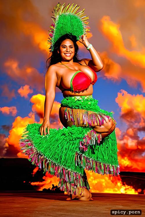 color photo, giant hanging boobs, performing on stage, intricate beautiful hula dancing costume with bikini top