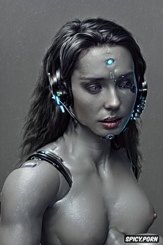 fully nude, wearing cyberpunk headphones1 8, blank grey background 1 7