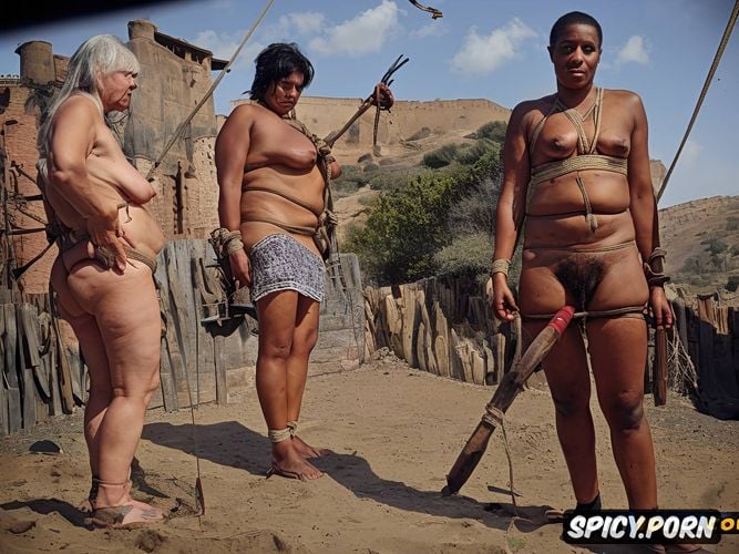 hogtied, wide hips, large areolas, huge nipples, four naked caucasian grannies