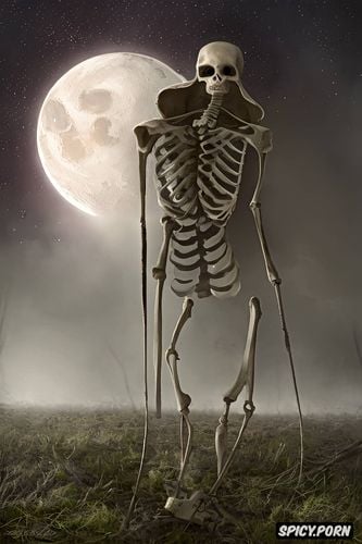 moonlight, complete, haunting human skeleton, foggy, haunted clearing at night
