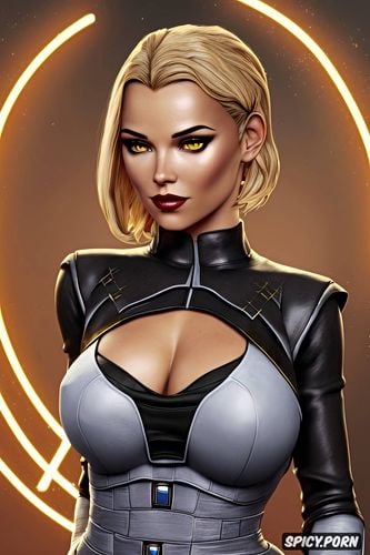 ultra detailed, ultra realistic, lana beniko star wars the old republic tight black sith robes pale skin short dirty blonde hair golden eyes robes open beautiful face lean curvy body masterpiece