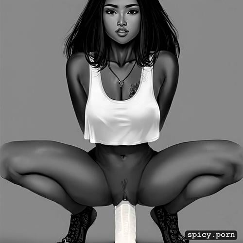 detailed face, squatting on dildo pussy visible, thai teen, dark skin