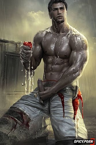 muscular man with a huge penis and his entire body dirty and covered in liters of cum that drips from his body onto the floor