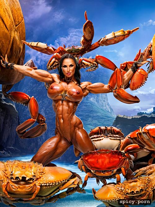 freckles, sharp teeth, nude muscle woman vs giant crab, highres