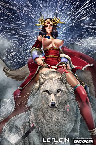 running wolf, voluptuous body, peincess mononoke squatting riding on a giant wolf