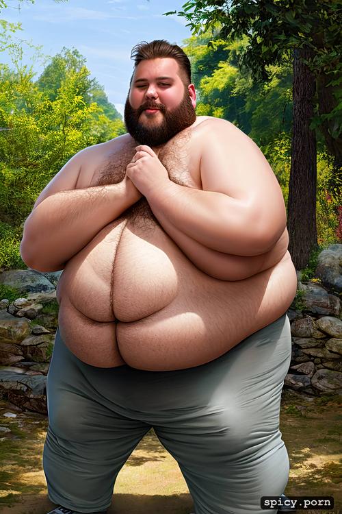 cum on penis, cute round face with beard, realistic very hairy big belly