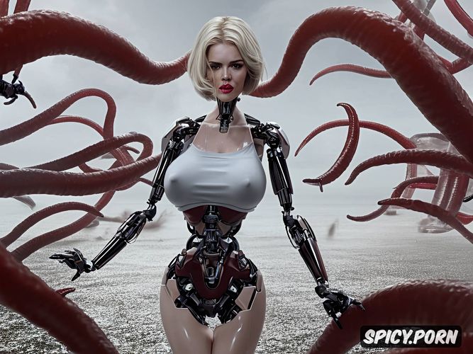woman vs robot tentacle vagina probe model, light hair, perfect face