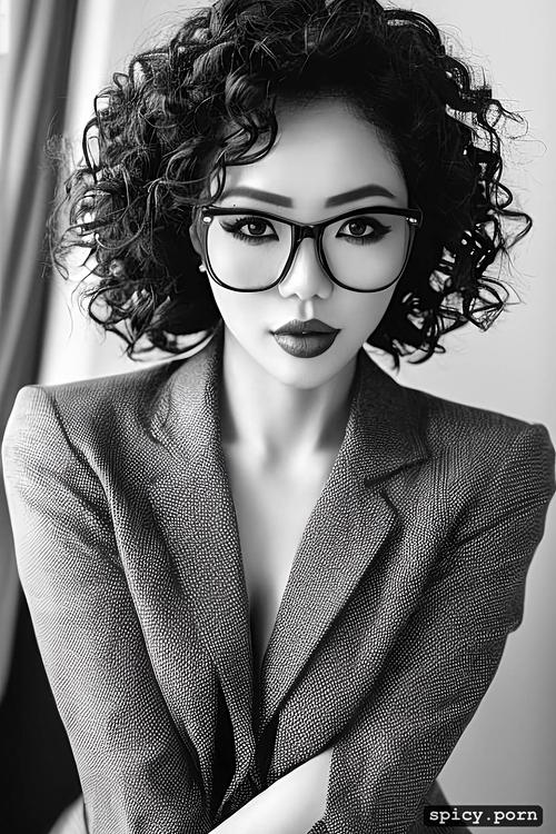 glasses, 35 yo, perfect body, korean female, light hair, park