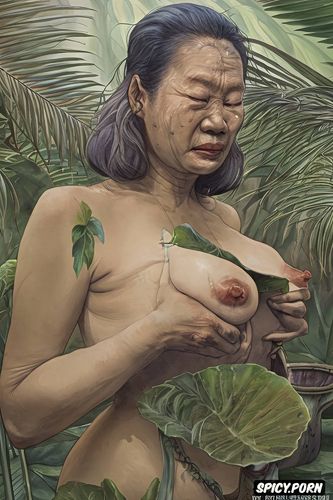 tropical rainforest, fog, old grandmother, smoke, drooling vietnamese woman