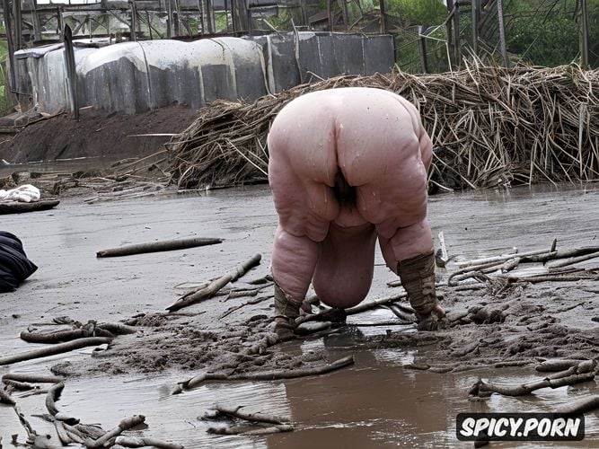 massive pubic hair, wide hips, in mud pit, saggy boobs, in filthy slum