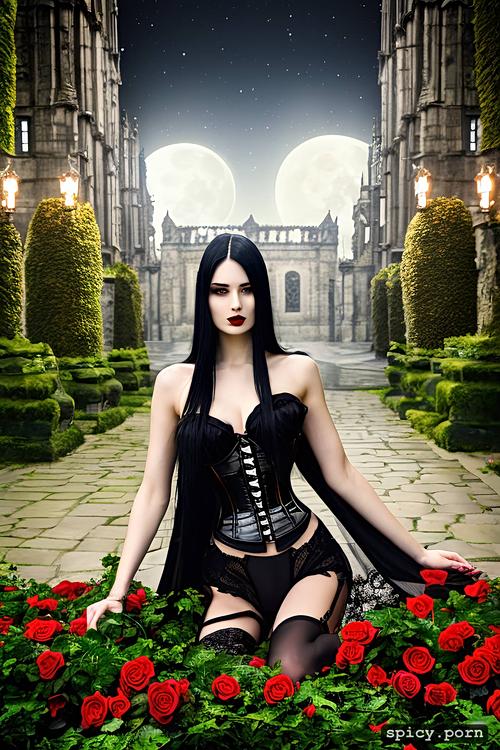 spread legs, vampire, naked, moon, black roses, castle, corset