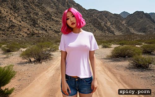 in desert, chubby body, pink hair, stunning face, tight white shirt and jeans