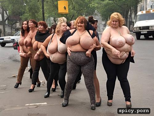 full nude, spread legs, full body face, ultra detailed, obese granny group hug in busy street