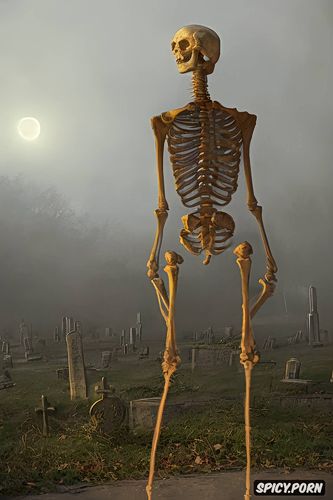 foggy, some meters away, scary glowing standing skeleton, supernatural light