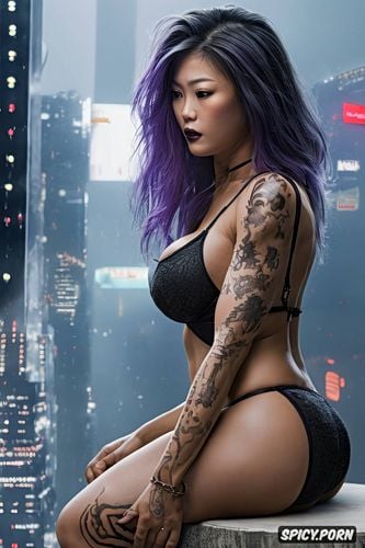 violet hair, masterpiece, ultra detailed, tall body, woman big ideal tits tatoo all body piercings in both nicolas 20 y o
