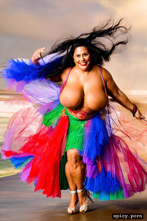 66 yo beautiful hawaiian hula dancer, color portrait, intricate beautiful hula dancing costume