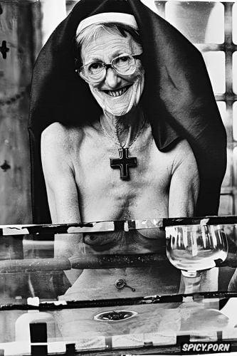 grey hair, nun, cross necklace, bony, very thin, smile, glass of beer