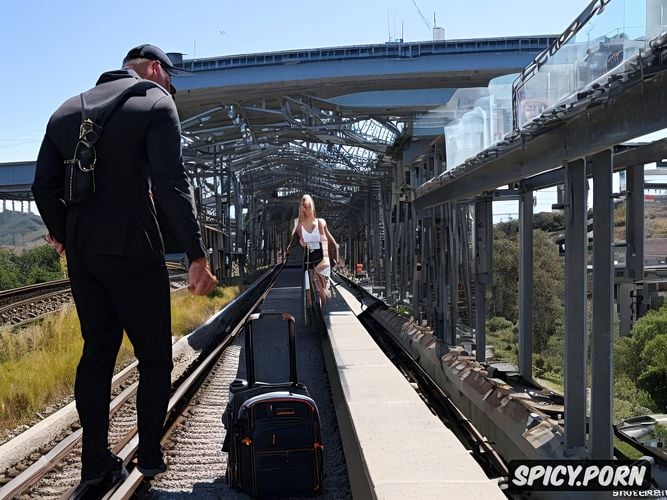 saggy tits dangling, real natural colors embossed bodies behind the railway station tiny wife with vulgar whore face