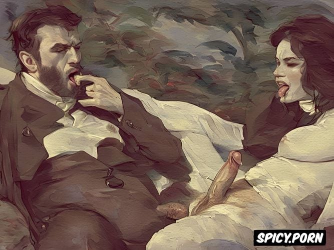 impressionism painting style, garden, couch, vampire, nude, dracula