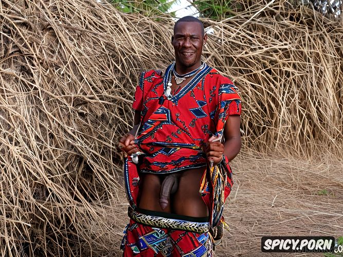 in a tribal village, in african traditionnal clothes, a old 60 years old black congolese with very massive huge dick