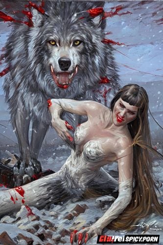claws, red syrup smeared on snow, giant wolf attack, princess scared