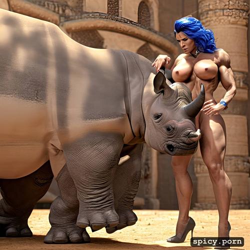 massive abs, realistic, amazon, strength effort, nude muscle woman vs rhino