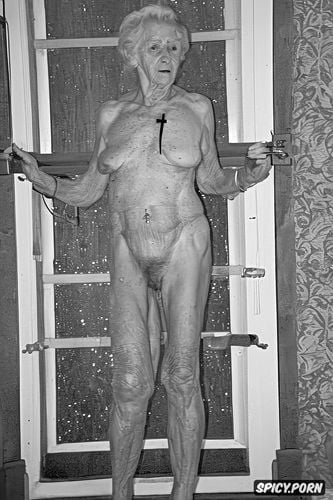 granny, restrained, shaved pussy, bound to cross, nun, nude