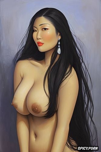 oil paint, big hips, silicon tits, hourglass figure body, asian milf