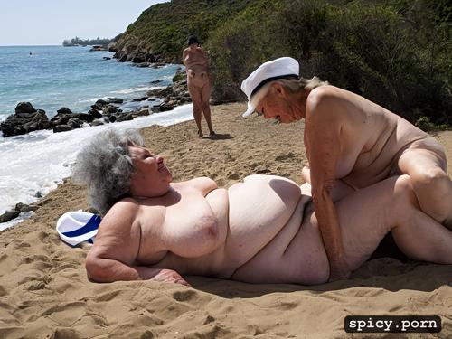 comprehensive cinematic, an elderly naked couple is lying on the beach